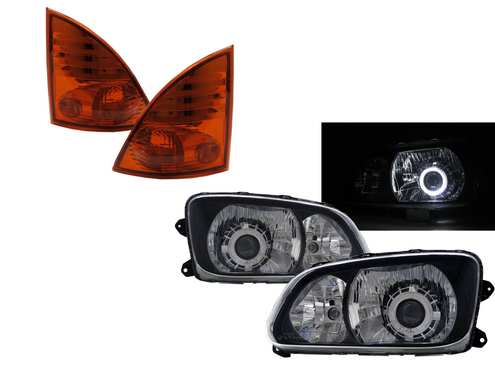 CrazyTheGod 700 2008-Present Truck 2D Guide LED Angel-Eye Projector W/ Corner Lamp Headlight Headlamp W/ Motor Black V2 for HINO RHD
