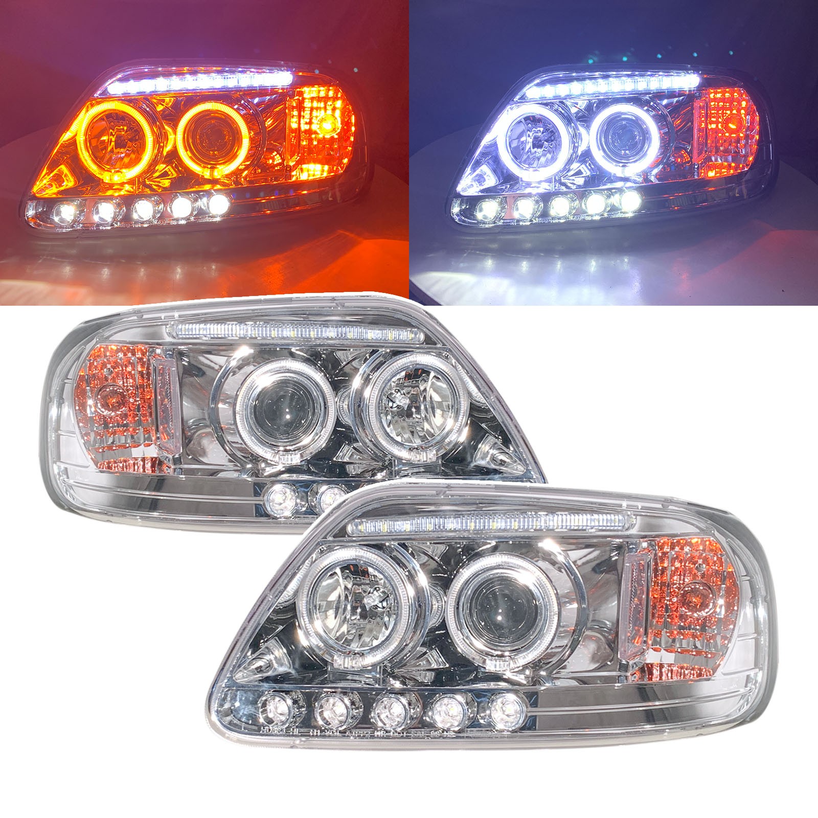 CrazyTheGod F-Series SuperDuty F150 Tenth generation 1997-2003 Pickup 2D/4D Guide LED Angel-Eye Projector Headlight Headlamp Chrome for FORD LHD