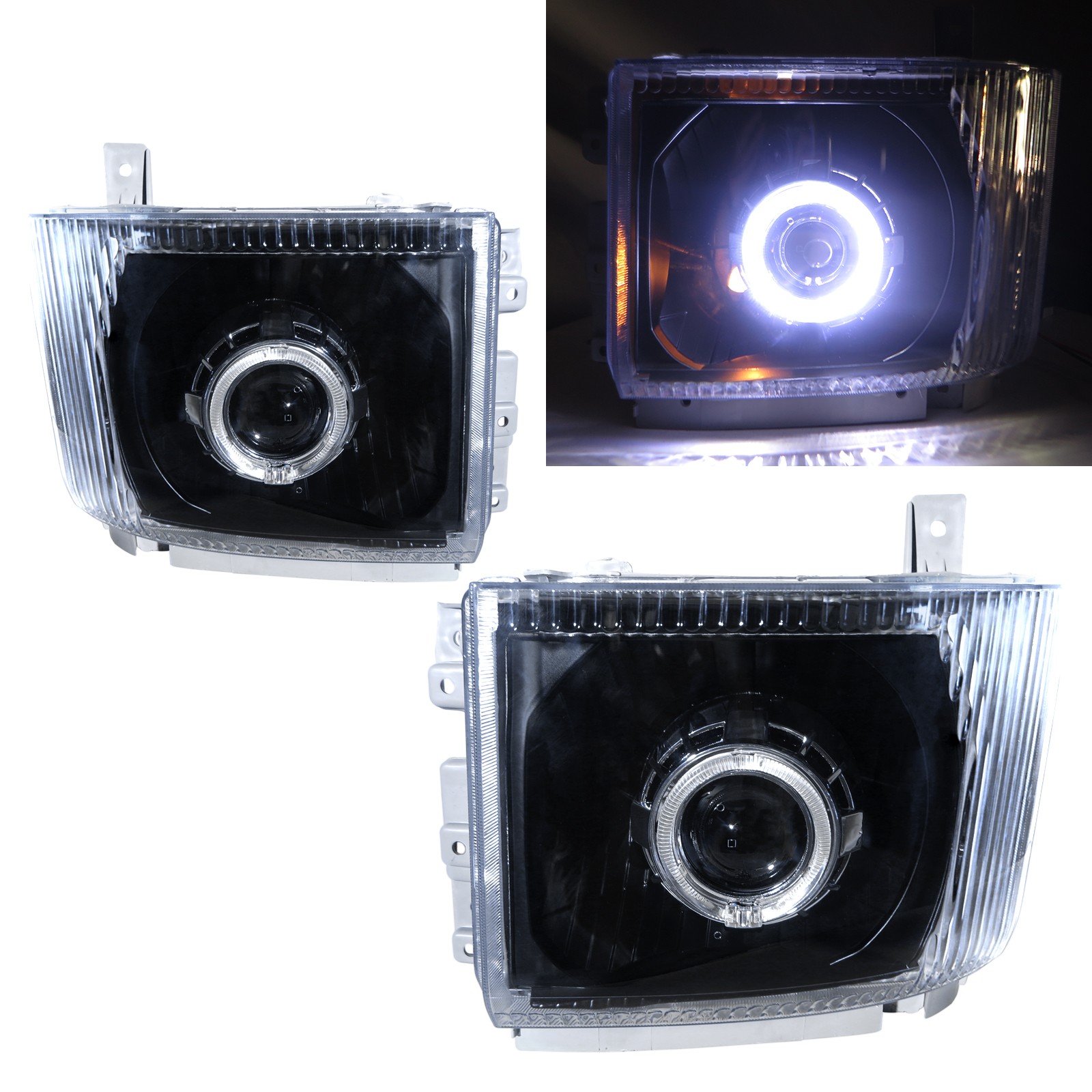 CrazyTheGod LCF Series 2007-Present Truck Guide LED Angel-Eye Projector Headlight 12V W/ Motor Headlamp Black for CHEVROLET CHEVY RHD