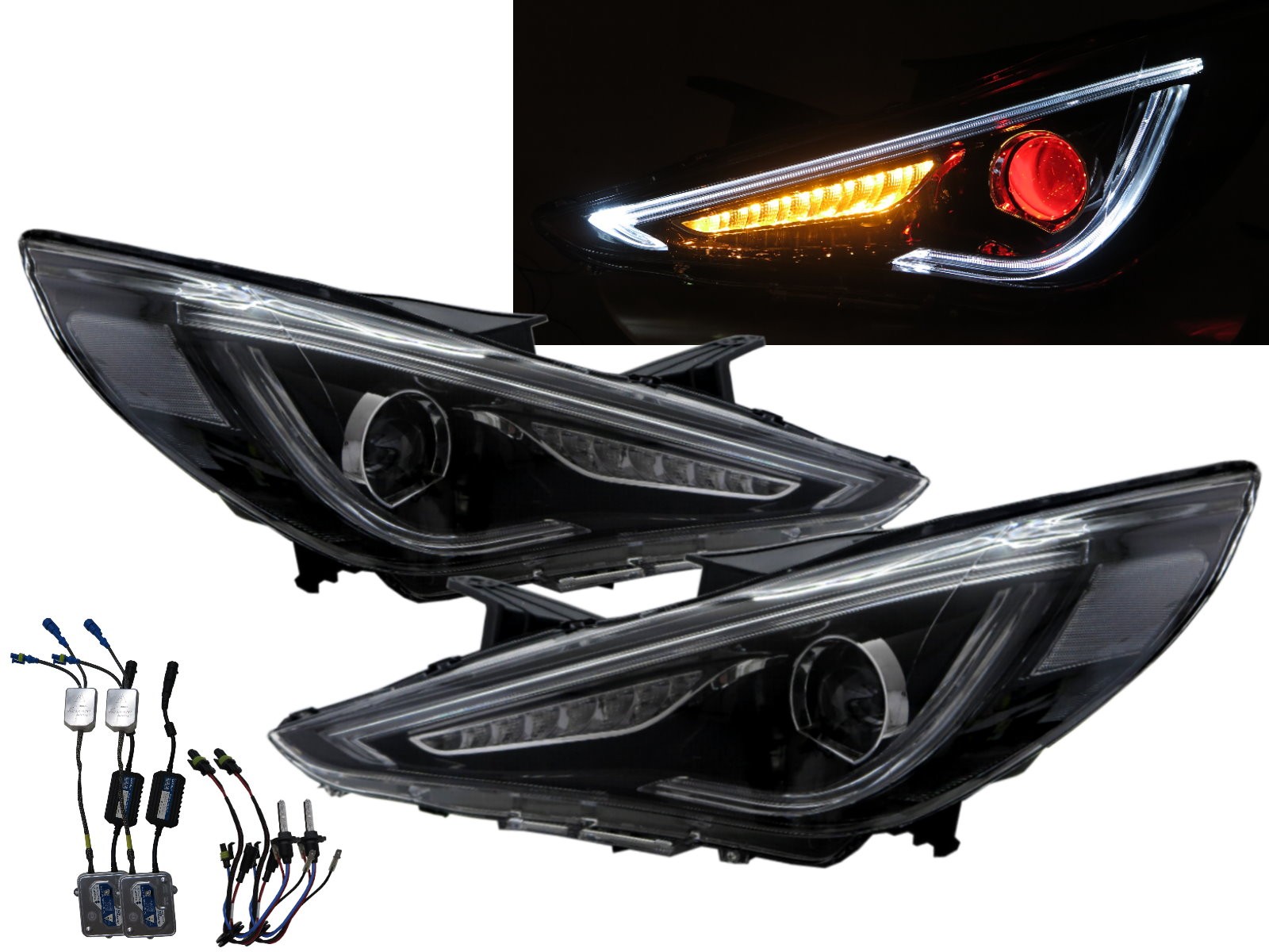 CrazyTheGod SONATA YF Sixth generation 2009-2014 Sedan 4D Bi-Projector LED Dynamic Turn Signal Headlight Headlamp Black for HYUNDAI RHD