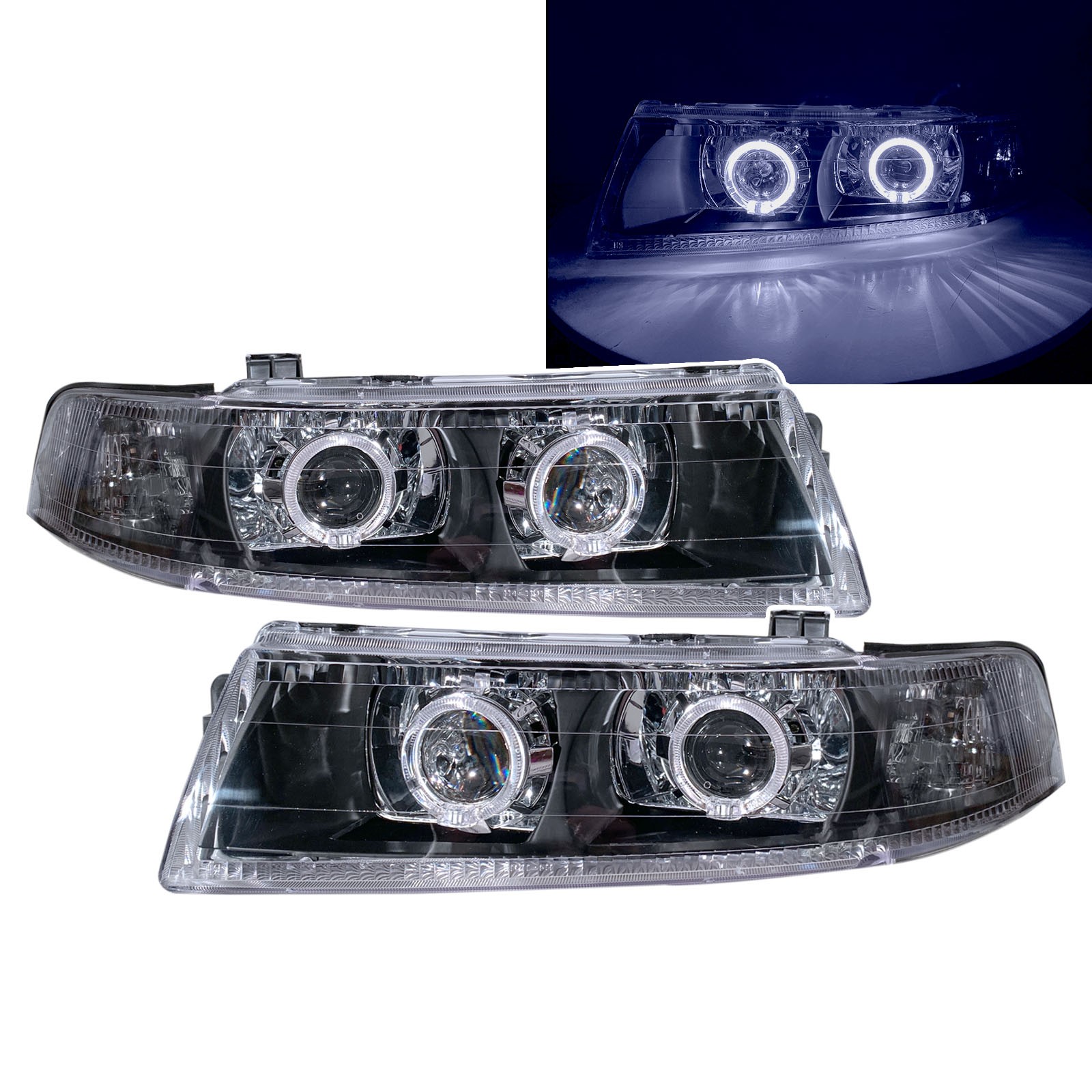 CrazyTheGod LANCER 1998-2001 Sedan 4D Guide LED Angel-Eye Projector Headlight Headlamp Black V2 for Mitsubishi LHD