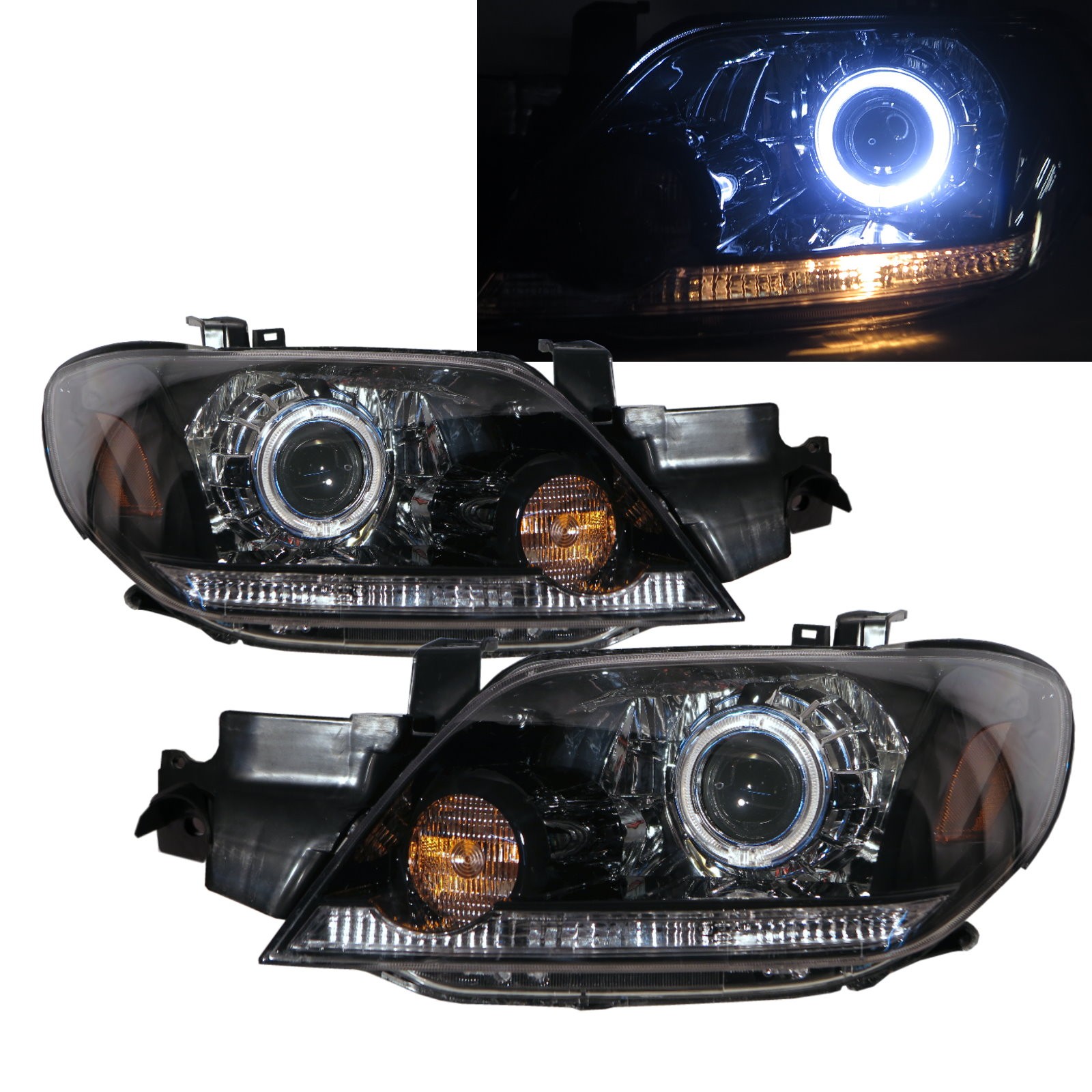CrazyTheGod Outlander First generation 2003-2005 Wagon 5D Guide LED Angel-Eye Projector Headlight Headlamp Black EUROPE H4 for Mitsubishi RHD