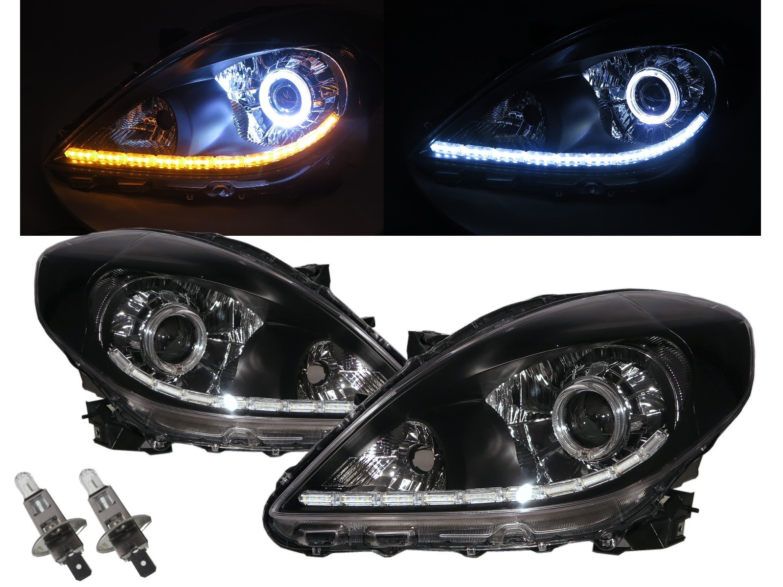 CrazyTheGod Latio N17 Second generation 2011-2019 Sedan 4D Guide LED Halo LED Bar Headlight Headlamp Black for NISSAN LHD