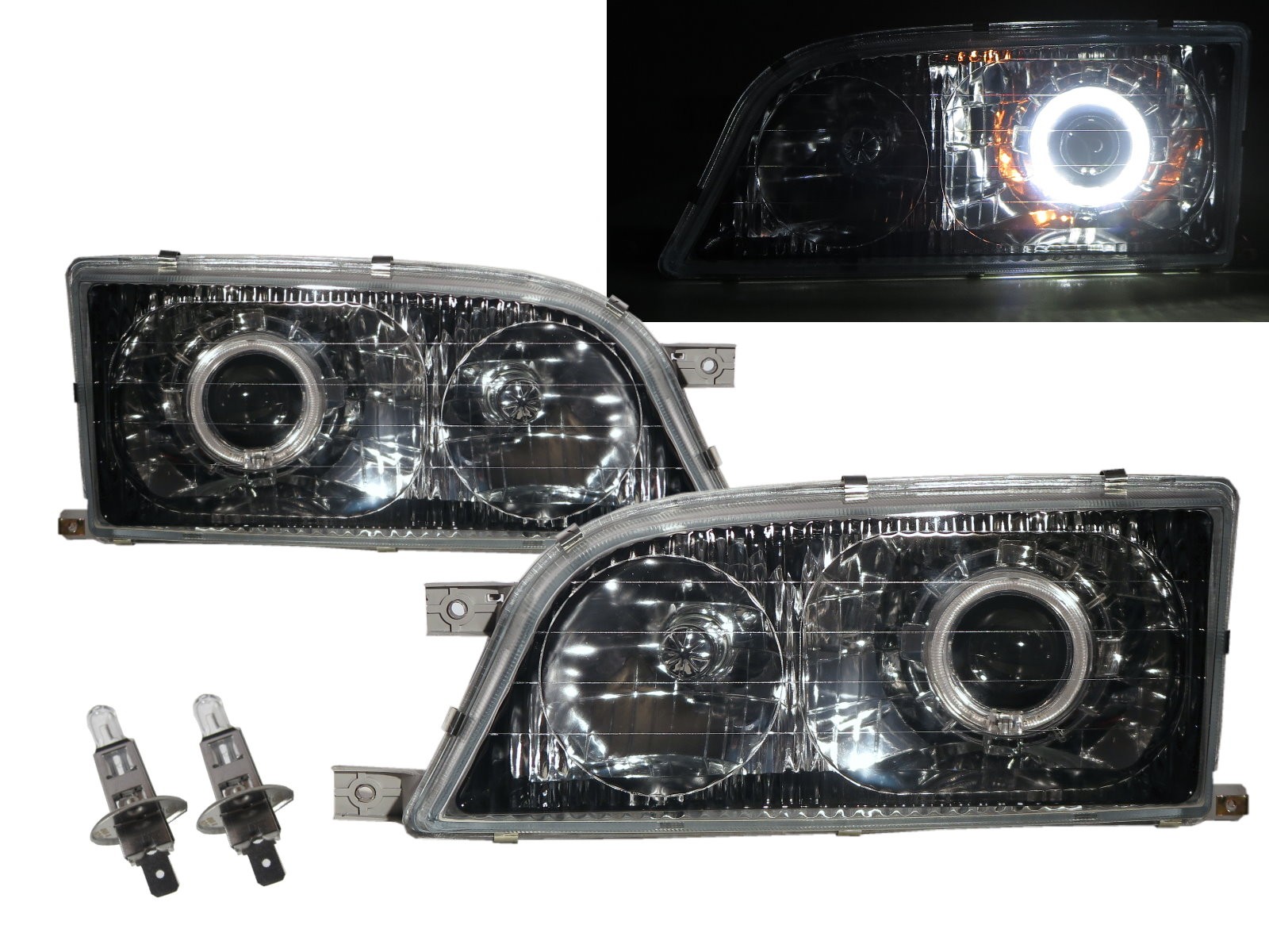 CrazyTheGod Istana 1995-2004 Minibus/VAN 4D Guide LED Angel-Eye Projector Headlight Headlamp Black for SsangYong LHD