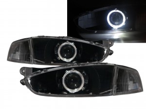 CrazyTheGod Lancer 1996-1998 Coupe 2D Guide LED Angel-Eye Projector Headlight Headlamp Black for Mitsubishi LHD